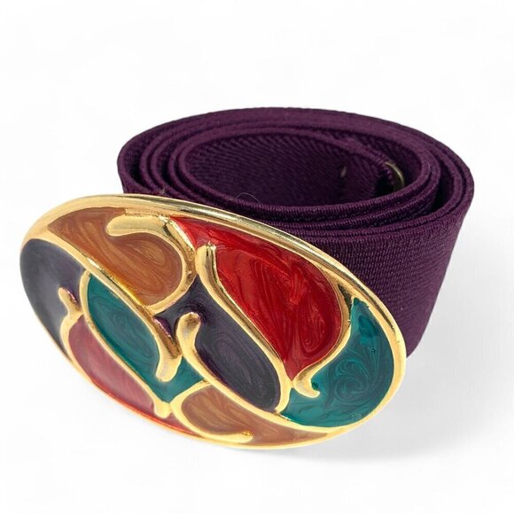 Nan Lewis 1980's Cloisonné Buckle Stretch Elastic Belt Purple, Gold, Green 34"L - Picture 1 of 8